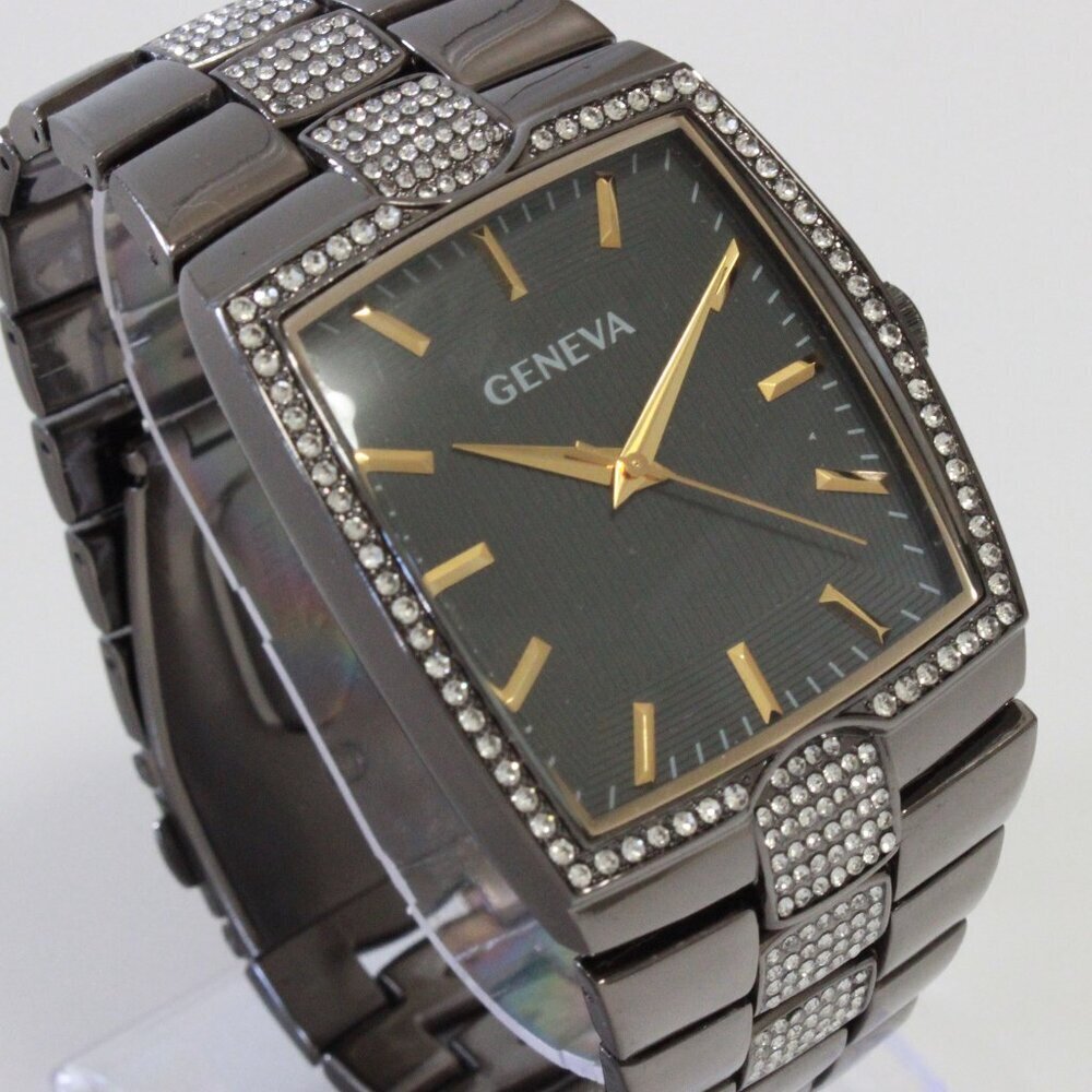 Geneva Men's Tank Style Quarts Watch Gun Metal Grey With Stone Accents 37mm